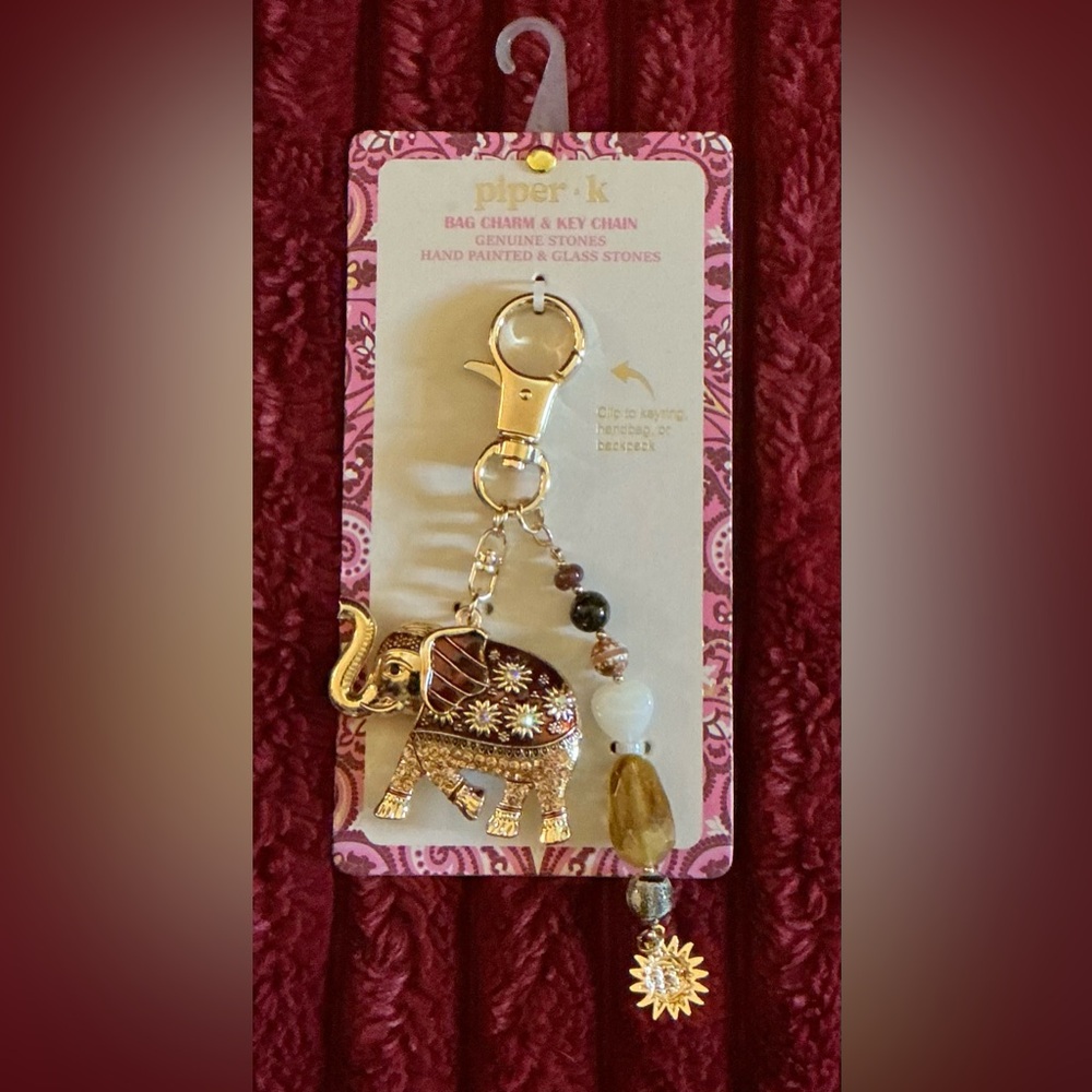 Piper Gold Elephant Key & Bag Charm with Brown and Ivory Accents